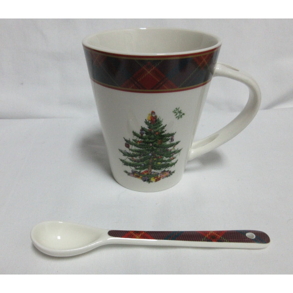 Spode Mug & Spoon set- Christmas Tree, Tartan Plaid 14oz New in Box Gift - Picture 3 of 9